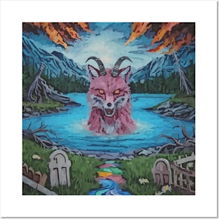 watercolor zombie fox in lake with horns Posters and Art